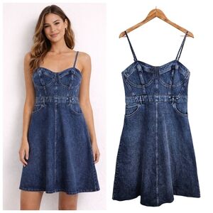 Express Corset Denim Dress L Raw Hem Bustier Spaghetti Strap Mini Y2K Retro